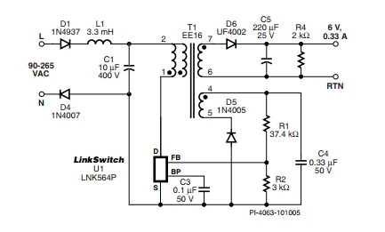 LinkSwitch-LP 系列旨在取代手機/無繩電話、PDA、數(shù)碼相機和便攜式音頻播放器等應(yīng)用中輸出功率 < 2.5 W 的低效線頻線性變壓器電源。LinkSwitch-LP 還可用作白色家電等應(yīng)用中的輔助電源。  LinkSwitch-LP 將高壓功率 MOSFET 開關(guān)與 ON/OFF 控制器集成在一個設(shè)備中。它完全由漏極引腳自供電，具有低 EMI 的抖動開關(guān)頻率，并且具有全面的故障保護。自動重啟可限制過載和輸出短路條件下的器件和電路耗散，而遲滯過溫保護會在熱故障期間禁用內(nèi)部 MOSFET。EcoSmart 技術(shù)使設(shè)計能夠輕松實現(xiàn) < 150 mW 的空載功耗，滿足能源效率要求。  LinkSwitch-LP 的設(shè)計目的是在輸出功率低于 2.5 W 時無需初級側(cè)鉗位電路，從而顯著減少組件數(shù)量和總系統(tǒng)成本。圖 1 顯示了基于 LinkSwitch-LP 的 2 W 電源，不帶初級側(cè)鉗位。LinkSwitch-LP 系列經(jīng)過優(yōu)化，當變壓器上的輔助或偏置繞組提供反饋時，可提供近似的 CV/CC 輸出特性。這非常適合取代工頻變壓器的應(yīng)用，提供兼容的輸出特性，但過載、短路電流和輸入線電壓變化較小。  　  在無鉗位設(shè)計中使用 LinkSwitch-LP 的基本電路原理圖。  快速開始  　 LinkSwitch-LP 反激式設(shè)計流程圖